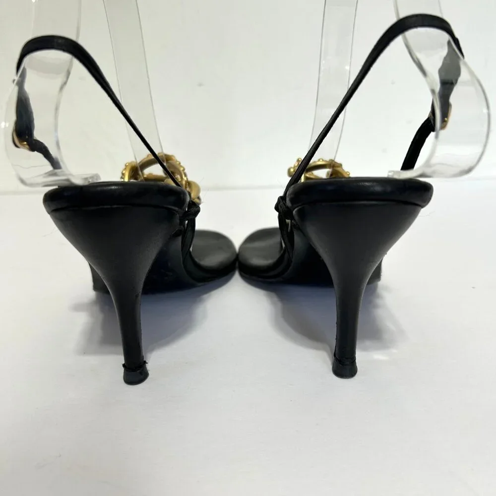 Chanel Sz 36 Black Leather Slingback Heels With Gold Chain Rhinestone Detail